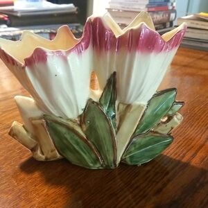 Vintage McCoy Double Tulip Cream & Rose-Tipped Vase/Planter, 1940s to 1960s
